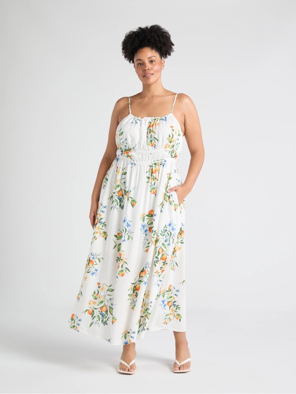 Time and Tru White Floral Maxi Dress with Orange and Blue Print